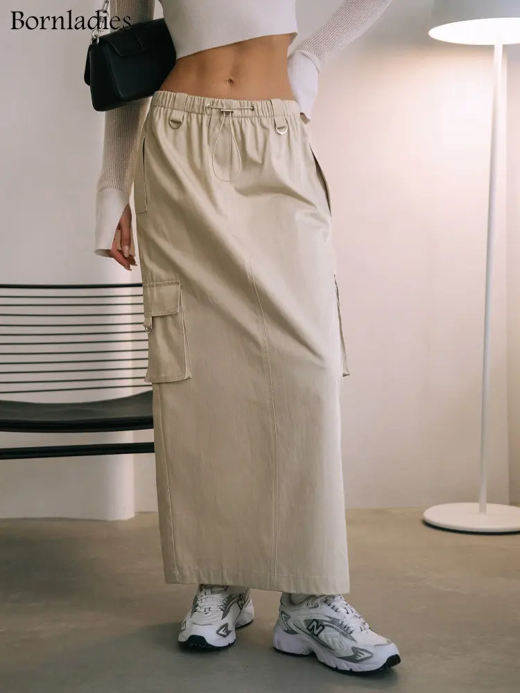 

Bornladies Cargo Skirts for Women 2023 Spring Summer Drawstring Elastic Waist Y2k Skirts Girls 100% Cotton Full Length Skirt