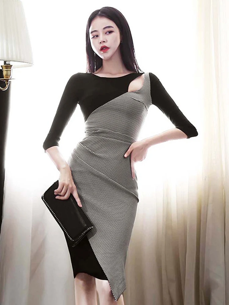 

Spring Vintage Elegant Chic Vestidos Color Blocking Bodycon Office Dresses Women Sheath Pencil Dress Cut Out Folds Robe Femme
