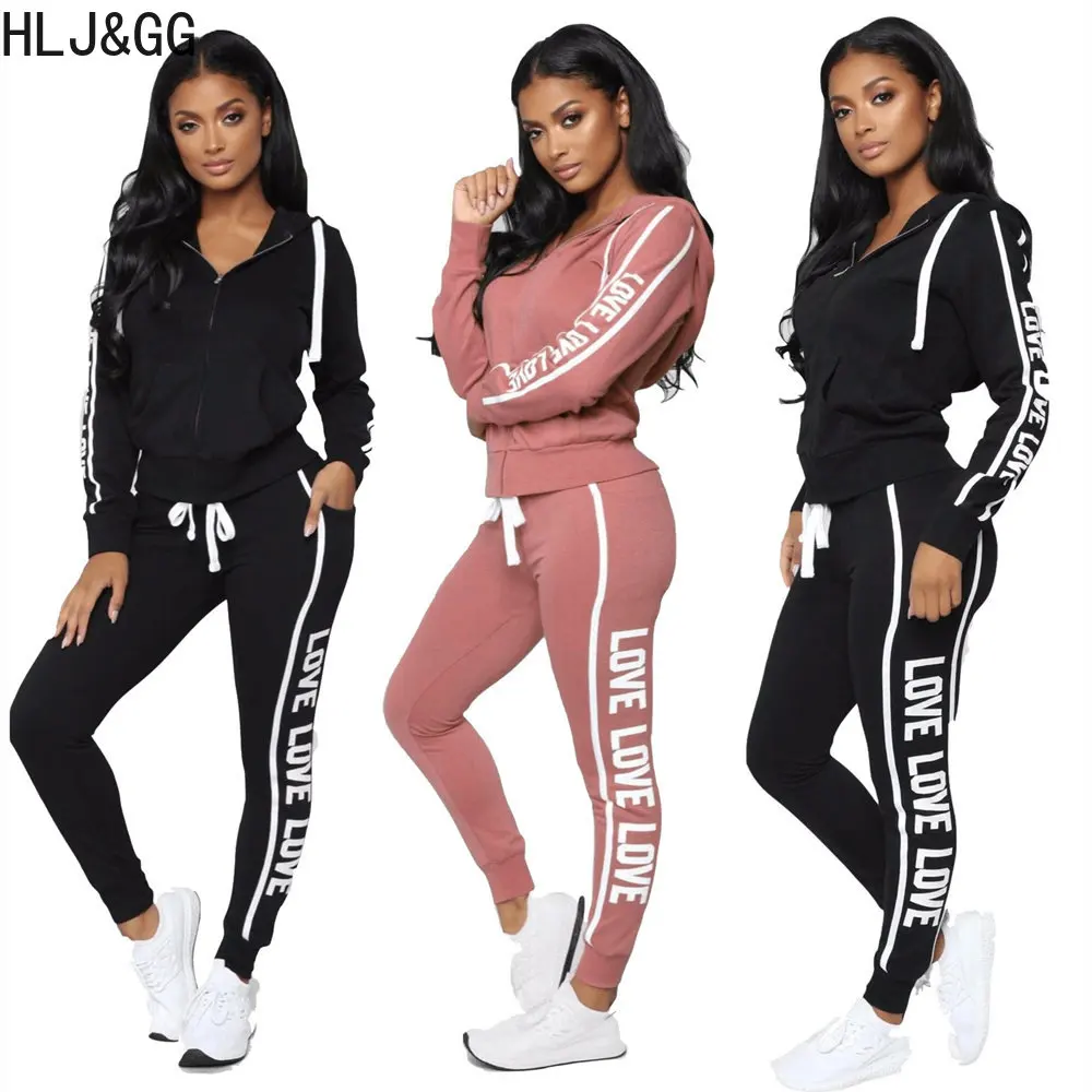 

HLJ&GG Fashion Sporty Letter Print Two Piece Sets Women Zipper Long Sleeve Hooded Top And Pants Tracksuits Casual 2pcs Outfits