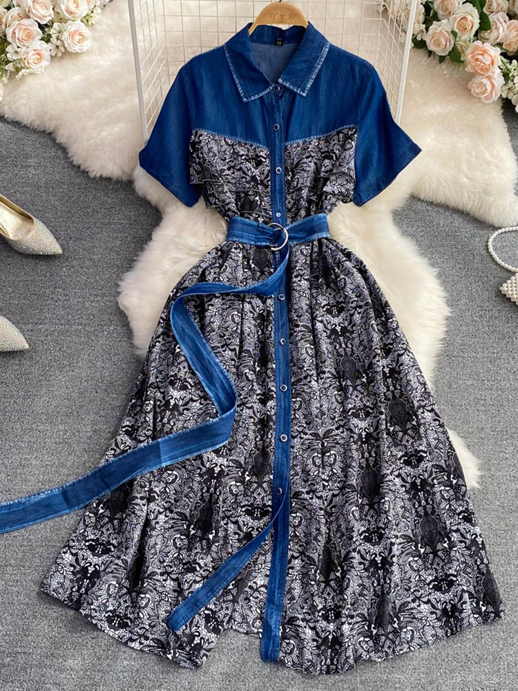 

Летнее модное повседневное шифоновое лоскутное платье-поло с принтом, ТРАПЕЦИЕВИДНОЕ элегантное джинсовое однобортное платье с поясом