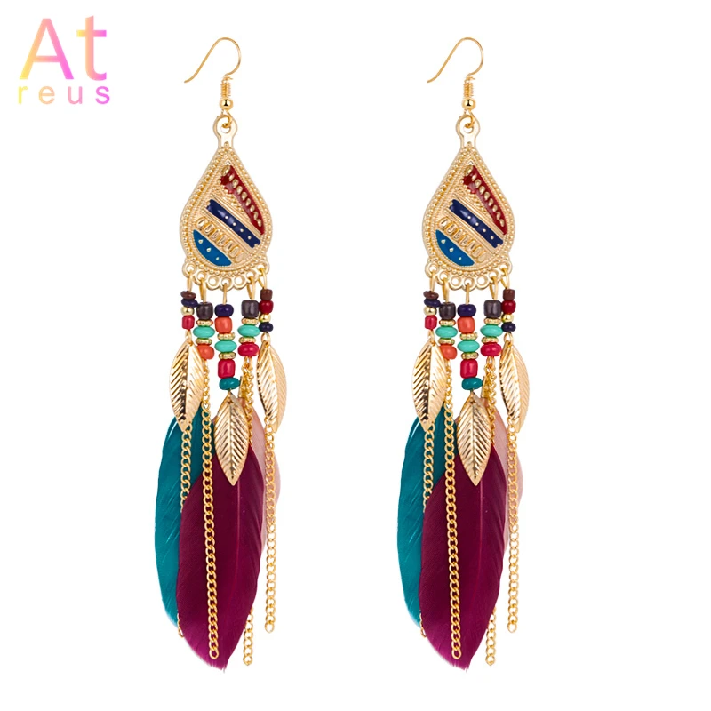 

Arab Multicolor Stripe Oil Drip Water Drop Earrings Bohemian Jewelry For Women Long Tassel Colorful Feather Beads Dangle Earring