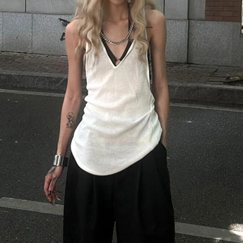 Женская Трикотажная майка с лямкой на шее однотонная Облегающая открытой спиной