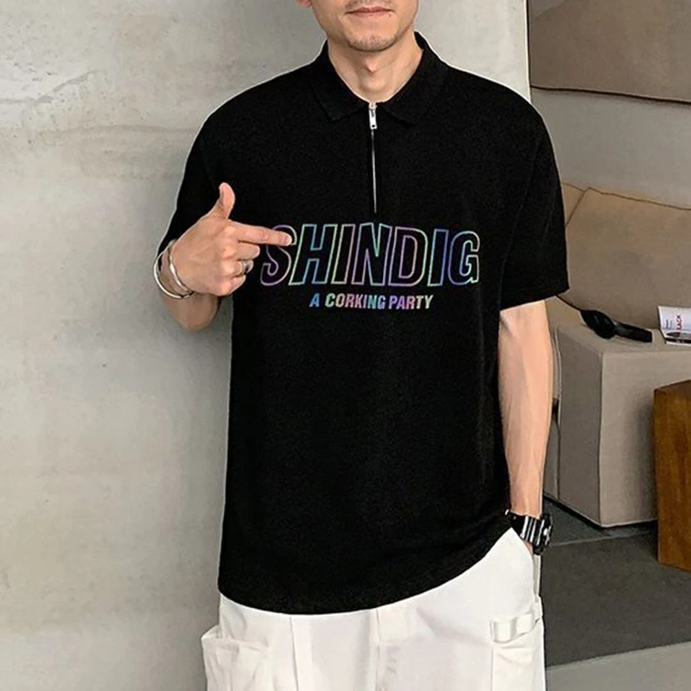 

Zipper Printed Men Polo Shirt Lapel Casual Casual Harajuku Streetwear Vintage American Loose Fashion Japanese Style
