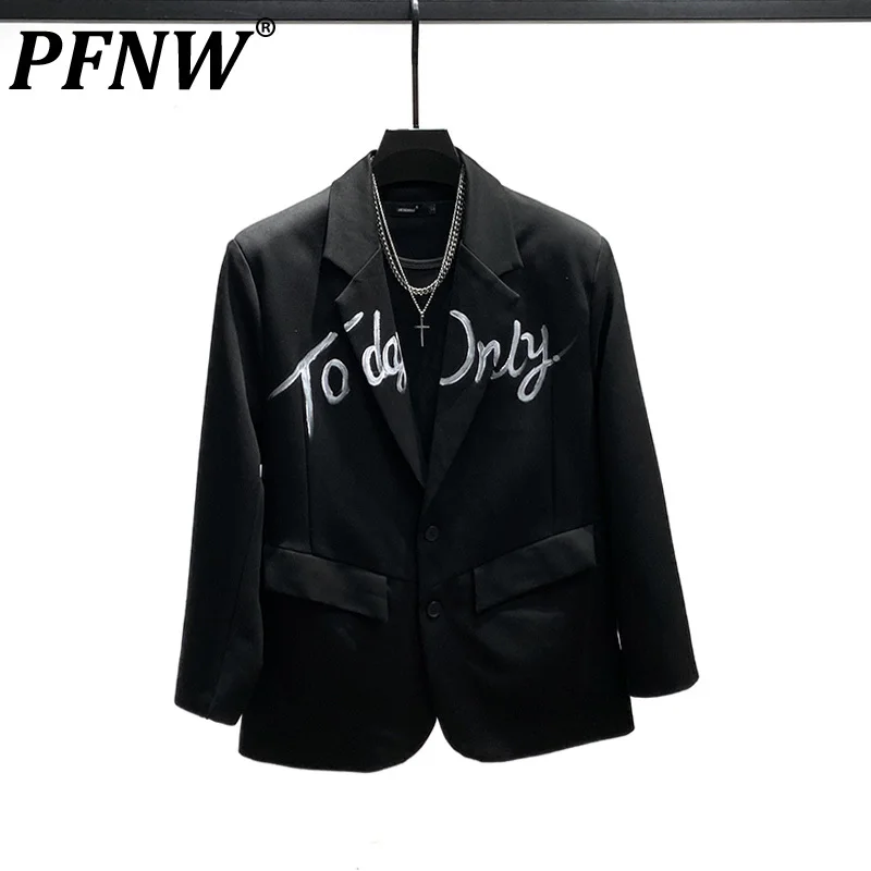 

PFNW High Street Letter Graffiti Men's Suit Coats Korean Fashion Niche Design Male Casual Blazer Autumn 2023 Stylish New 28W1534