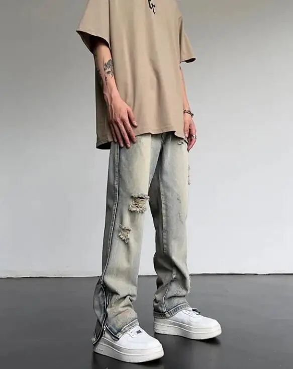 Men's Jeans High Street Ripped Vintage Washed Jeans High Waist Loose Straight Hem Zipper Jeans