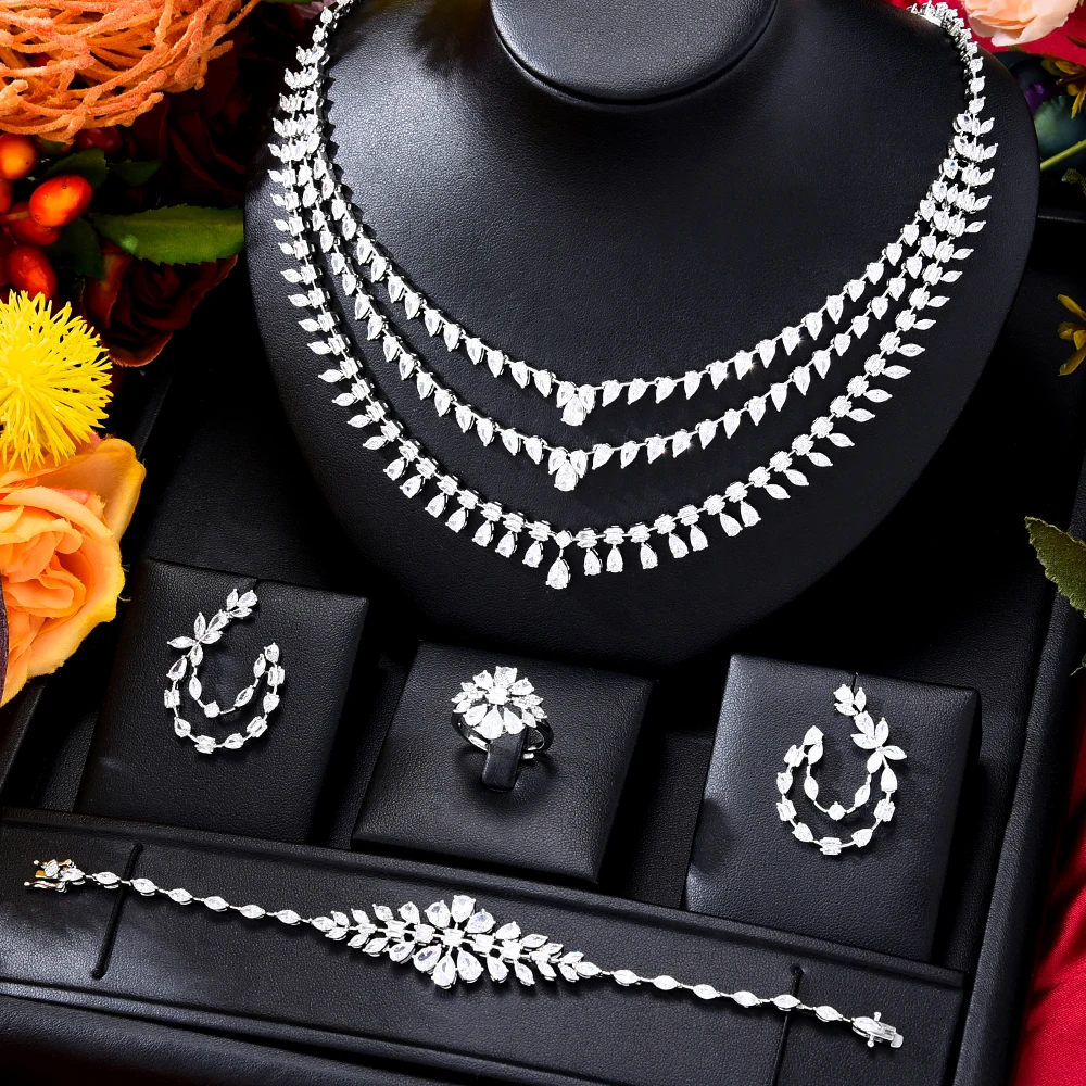 

Missvikki 3 Layer Luxury Jewelry Sets Earrings Necklace Bangle Ring 4PCS For Women Bride Wedding Jewelry Trendy HOT New