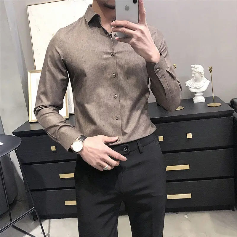 

2022 Autumn New British Style Solid Long Sleeve Shirt Men Clothing Slim Fit Business Casual Chemise Homme Wear Hot Tops A173