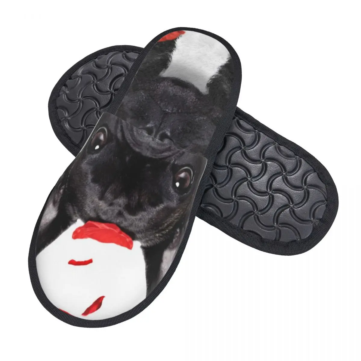Тапки женские и мужские зимние теплые Французские бульдоги собака с лепестками