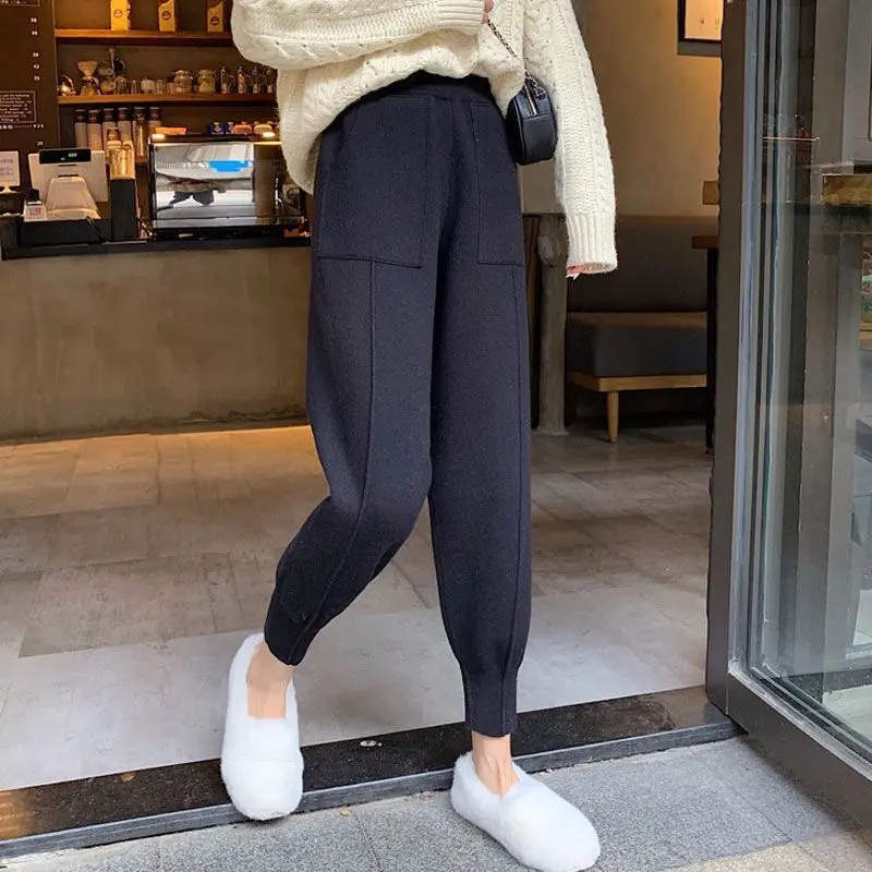 

Women Thicken Streetwear Pants Casual Warm Knitted Wide Leg Pants Female High Waist Soft Fashion Knitted Straight Trousers G252