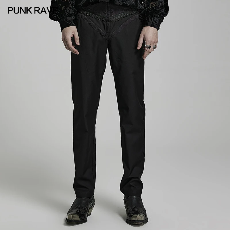 PUNK RAVE Men's Gothic Jacquard Regular Trousers Carved Buckles Party Club Slim Fit Black Pants Spring and Autumn