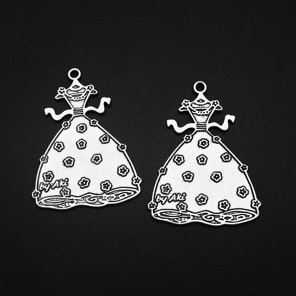 

2pcs/Lots 37x51mm Antique Silver Plated Miss Princess Dress Charms Flower Clothes Pendants For Diy Jewelery Accessories Crafts