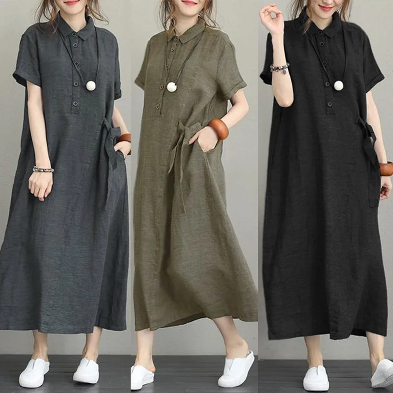 

Women Cotton Linen Pocket Dress Korean O-Neck Short Sleeve Loose Solid Midi Dresses Summer Y2k Korean Vintage Clothes Beach Robe