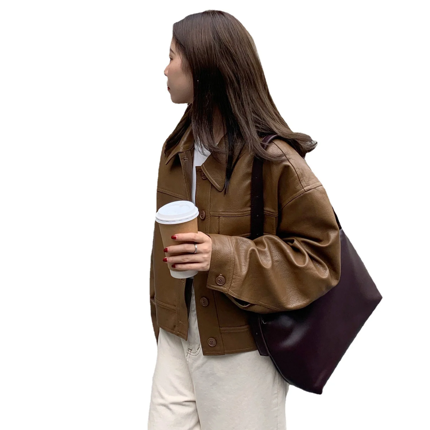 Simple Unisex Leather Motorcycle Wear Women's Spring  Autumn Long Sleeve Black Short Jacket Short lapel top