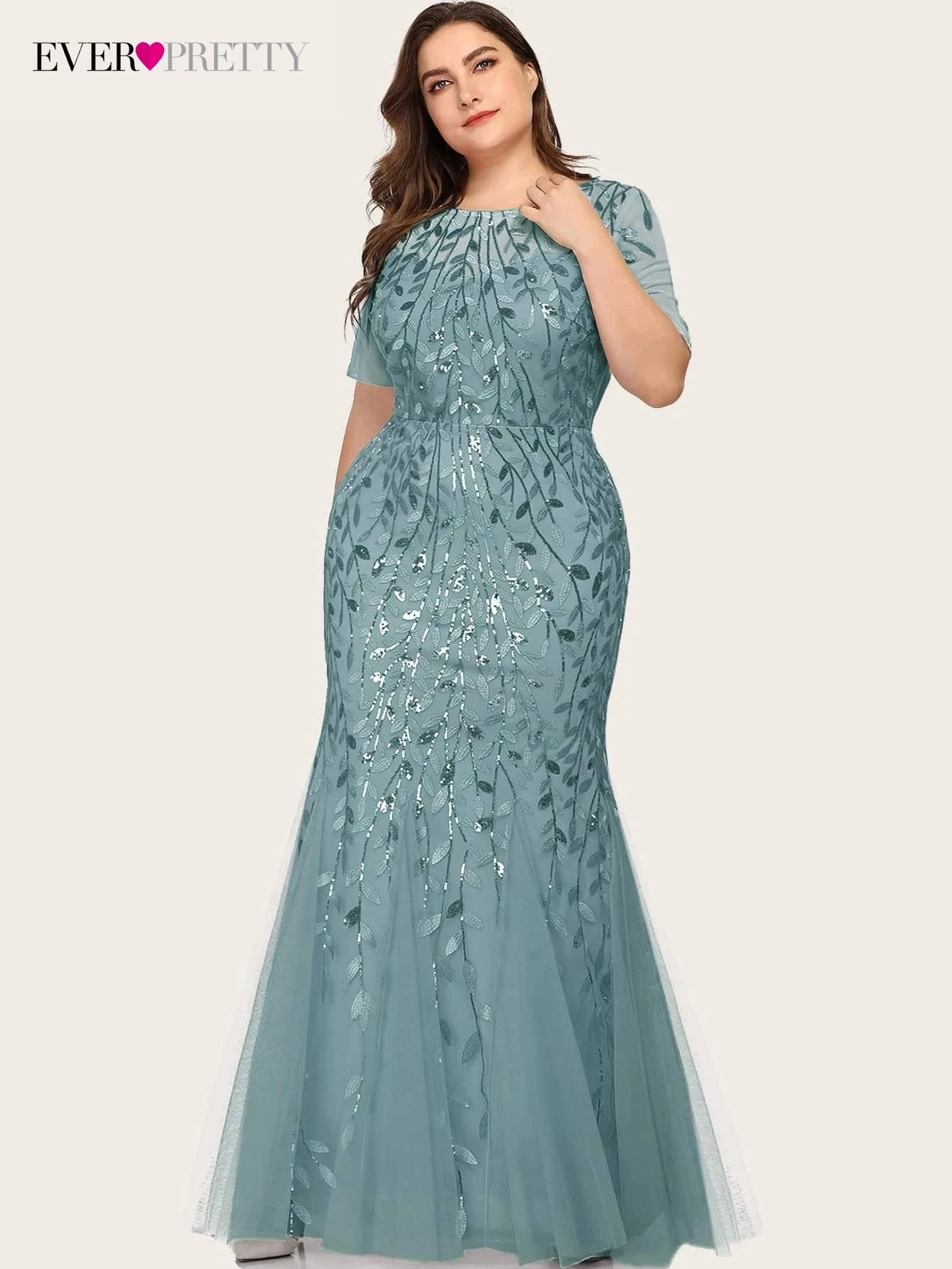 

Plus Size Elegant Evening Dresses Long O-Neck Trumpet half Sleeve Floor-Length Gown 2022 Ever Pretty of Lace Prom Women Dress