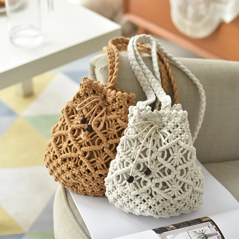 Solid Color Hand-woven Bag Women's Cotton Thread Bucket Bag Casual All-match Shoulder Messenger Bag Fashion Commute Tote Bag