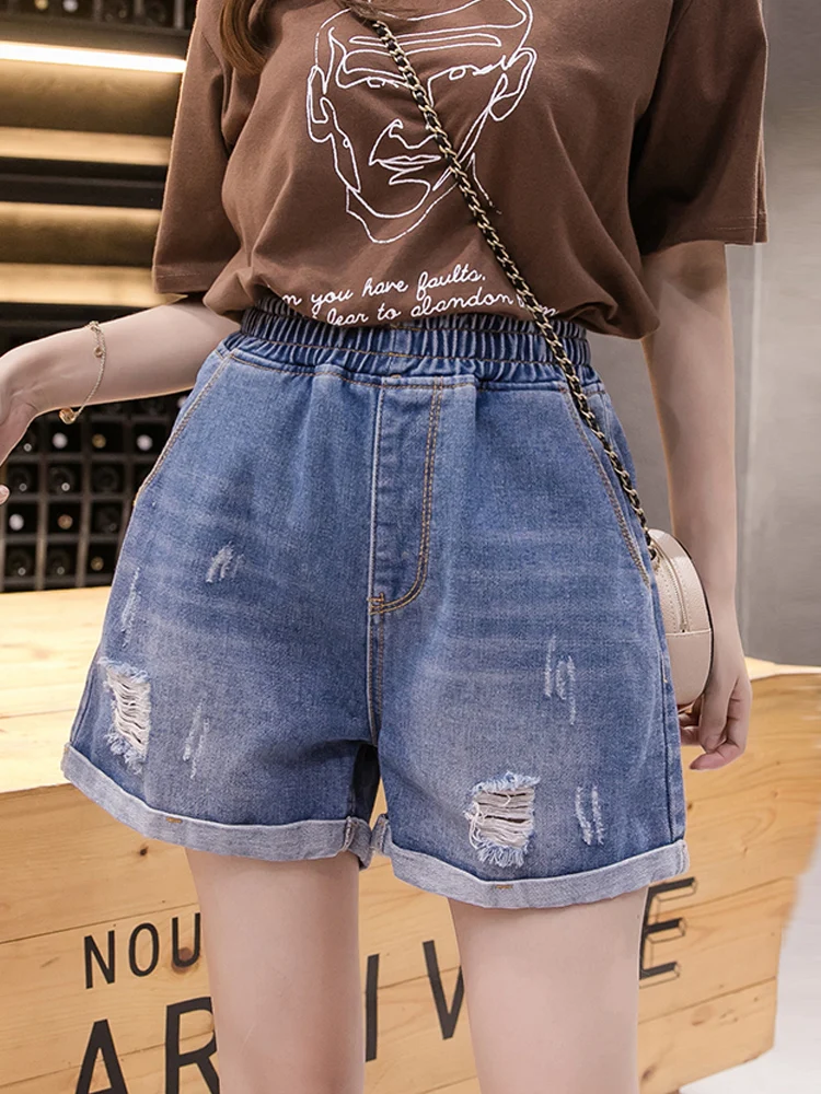 Streetwear Denim Shorts Womens Clothing Large Size Loose High Waist Slim Elastic Waist A-line Casual Wide Leg Shorts Pants AC281
