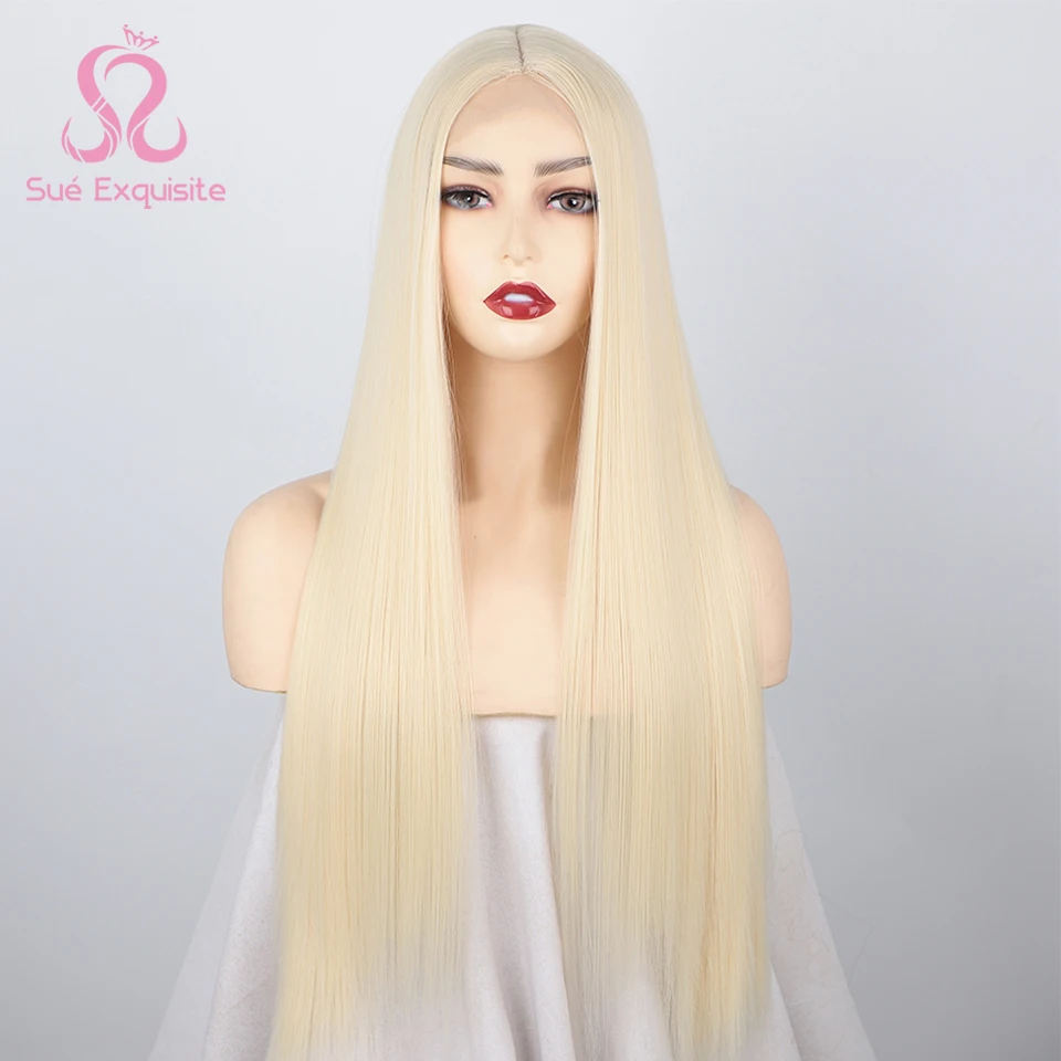 

SUe EXQUISITE Synthetic Wig For Women Long Straight Middle Part 613 blonde pink/white Cosplay Wig Heat Resistant Fiber
