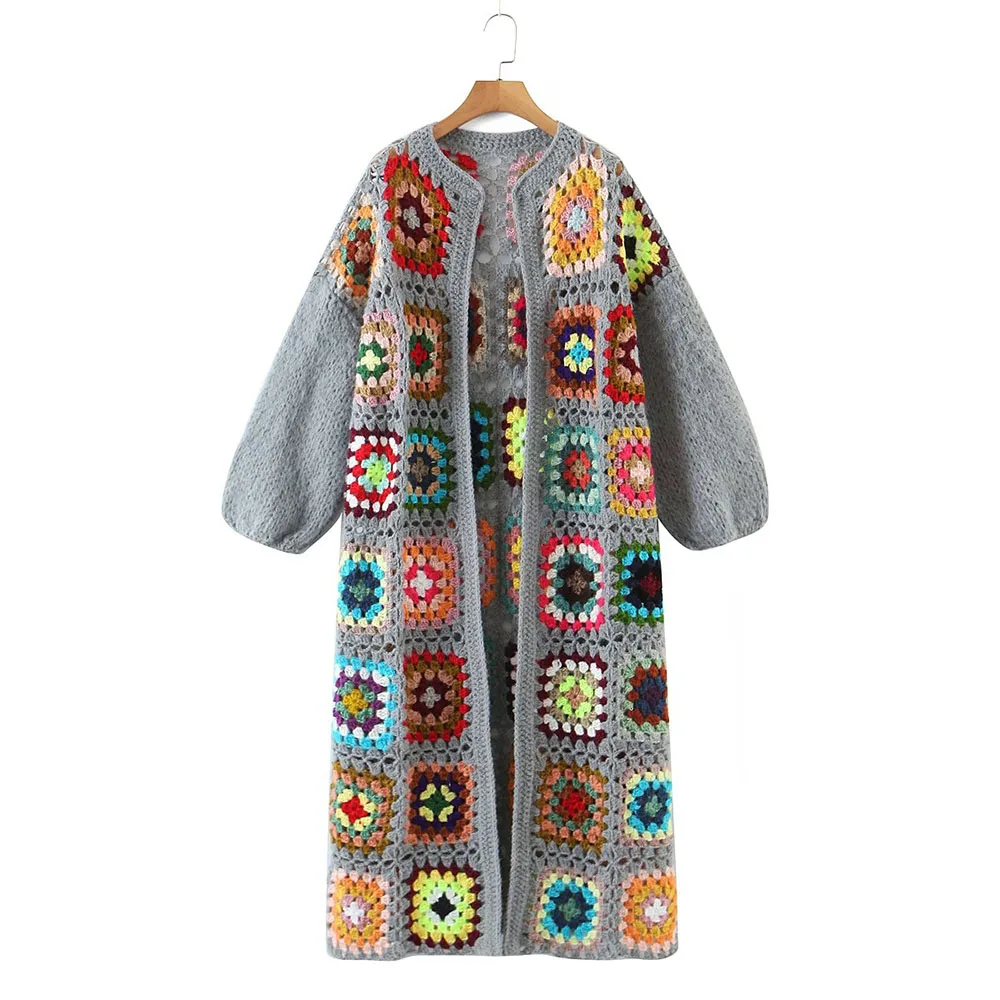

2022 autumn new women's retro full handmade grandmother square loose long knitted jacket cardigans