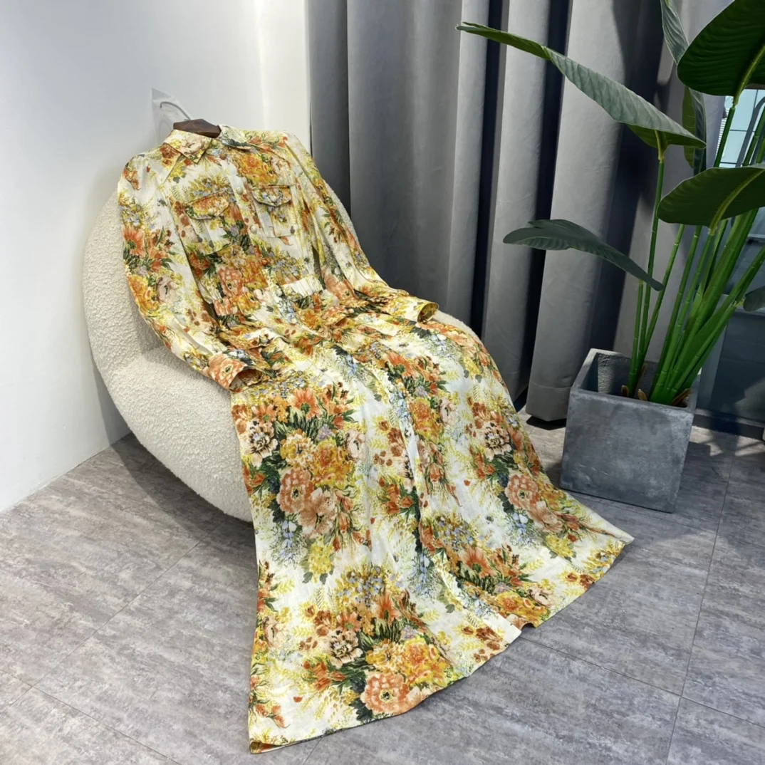 

2022 Spring New Vintage Style Yellow Floral Print Pockets Lantern Sleeve Turn-down Collar Ankle-Length Dresses for Women