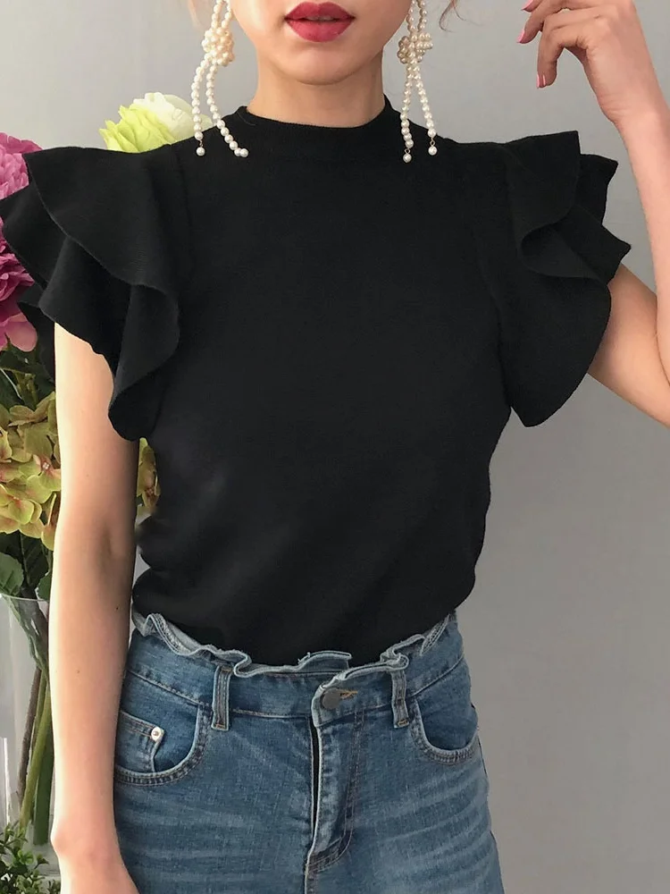 Woherb Летние Осенние вязаные топы женский короткий свитер с оборками и летящими