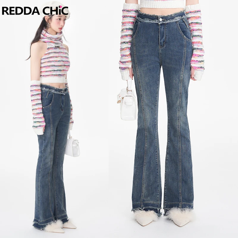 

REDDACHiC Stylish Korean Women Flare Jeans Raw Hem Casual Plain Bootcut Pants Slim Fit High Waist Trousers Acubi Fashion Clothes