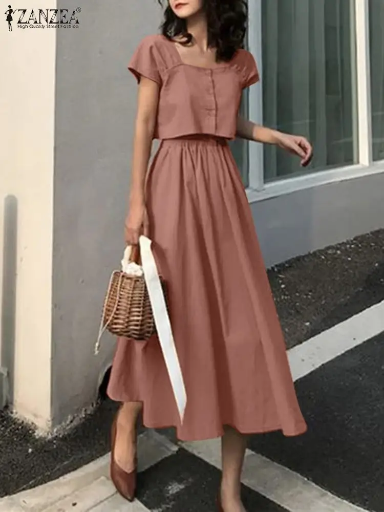 

ZANZEA Fashion Blouse and Skirt Dress Sets Square Neck Backless Crop Tops Tracksuits High Waist Skrits Casual Women 2pcs Outfits