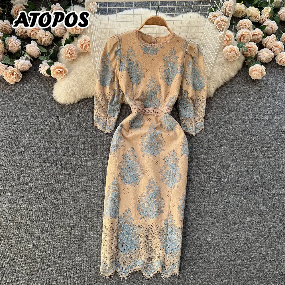 

Atopos Women Fashion Elegant Lace Dress Summer V Neck Short Sleeve High Waist Midi Dresses Vintage Vestidos Female Clothes 2022