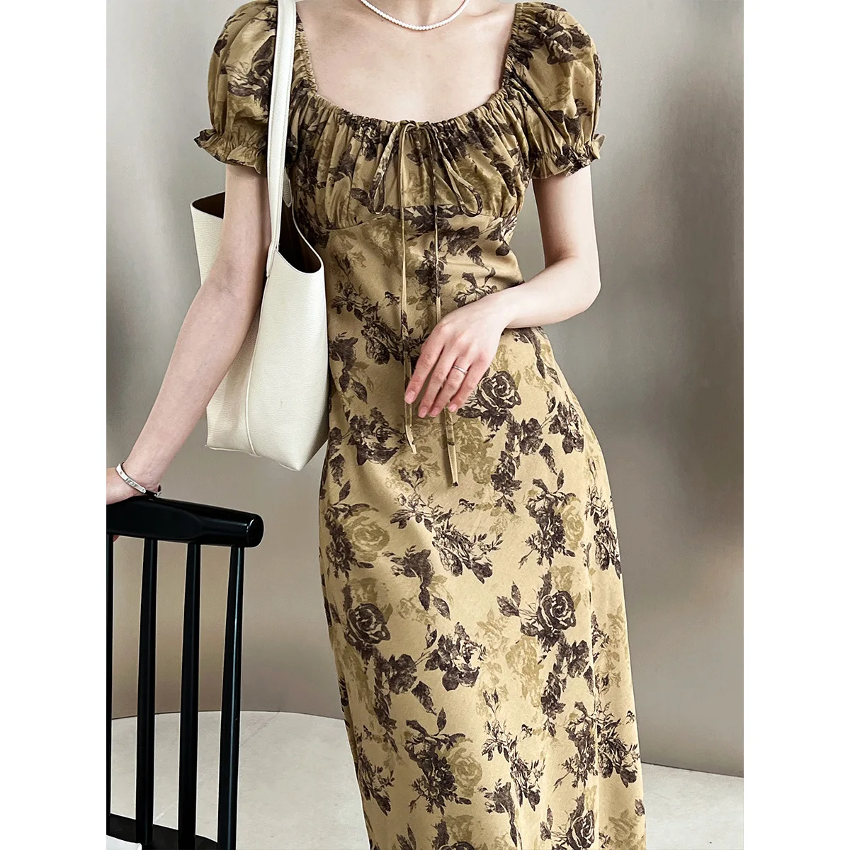 

Vintage Dress For Women Puff Sleeves U-Neck Shirring Floral Print Lady Casual Dresses