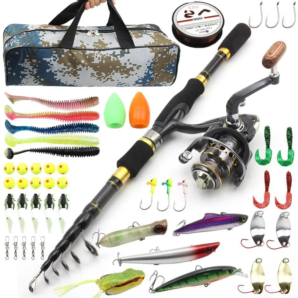 Fishing Rod & Reel Combo 2.1m Carbon Fiber Telescopic Rod High Speed Spinning Reel Kit Line Lures Hooks Bag Set