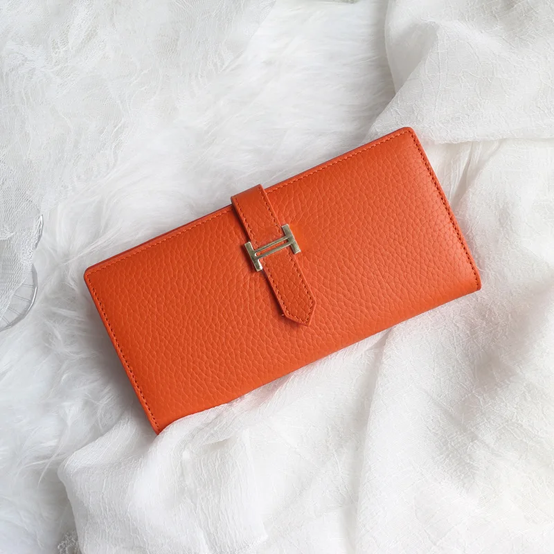 

Genuine Leather Women Wallets Luxury Long Hasp Lychee Pattern Coin Purses Female Brand Solid Colors New Thin Clutch Phone Bag