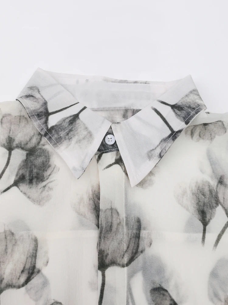 [modx] Оранжевая тонкая блузка большого размера с принтом женская новая рубашка