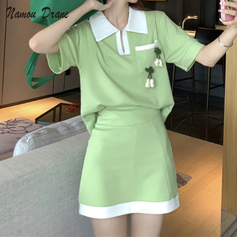 

Summer 2022New Sweet Contrast Polo Collar Preppy Casual Short Sleeve Top + High-waisted Mini A-word Hip Wrap Skirt Two-piece Set
