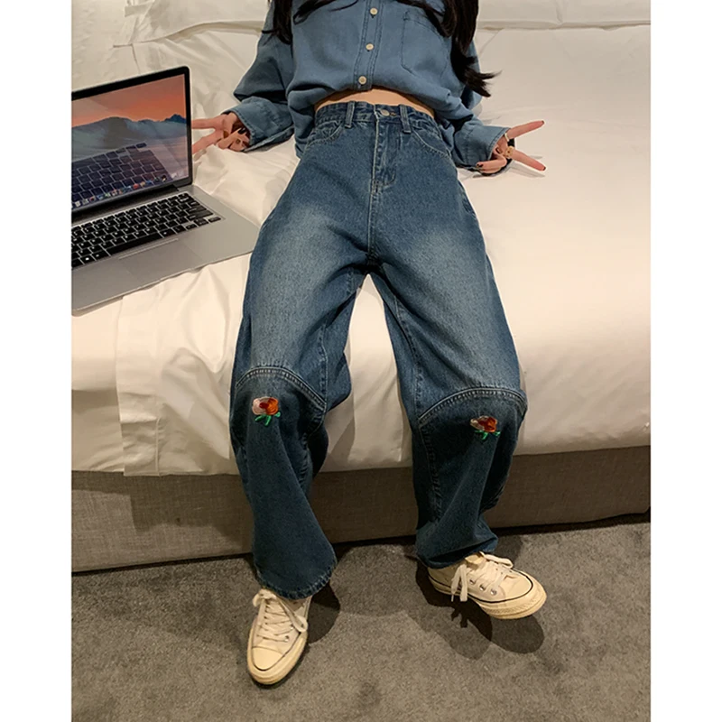 

Винтажные синие женские джинсы с высокой талией, весенние шикарные дизайнерские мешковатые прямые джинсовые брюки с вышивкой, уличные женс...