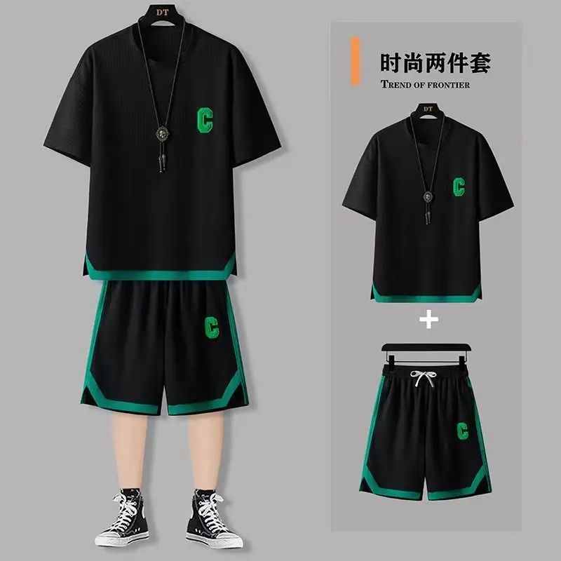 Short sleeve + shorts Men Two piece set Clothing Korea Fashion Man Designer Sports suit Summer 2 Piece Sets Male T-Shirts pants