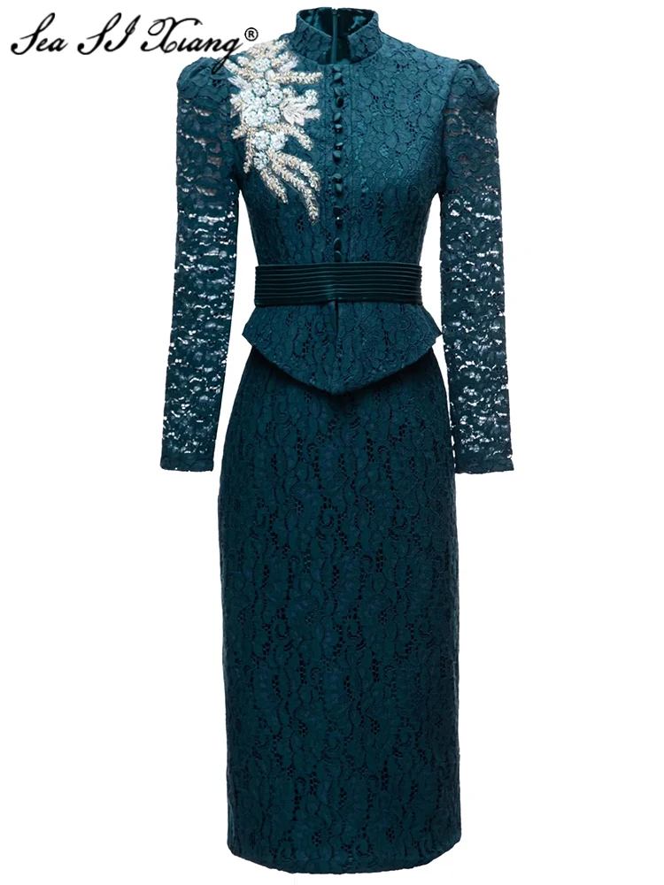 

Женское кружевное платье-карандаш Seasixiang, дизайнерское винтажное платье с воротником-стойкой, длинным рукавом, блестками и вышивкой бисером, осень