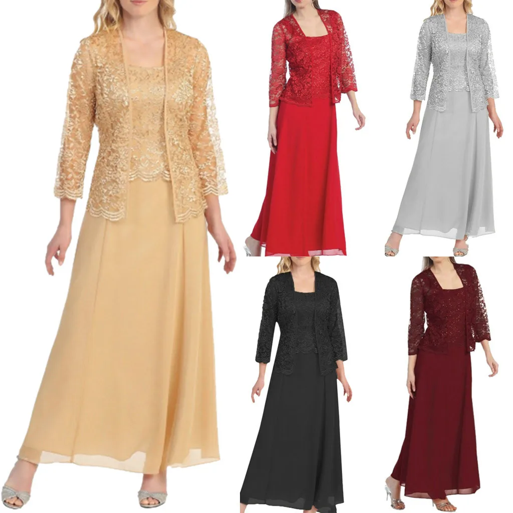 

New European and American Fashion Two Piece Lace Cardigan Chiffon Long Dress Large Set