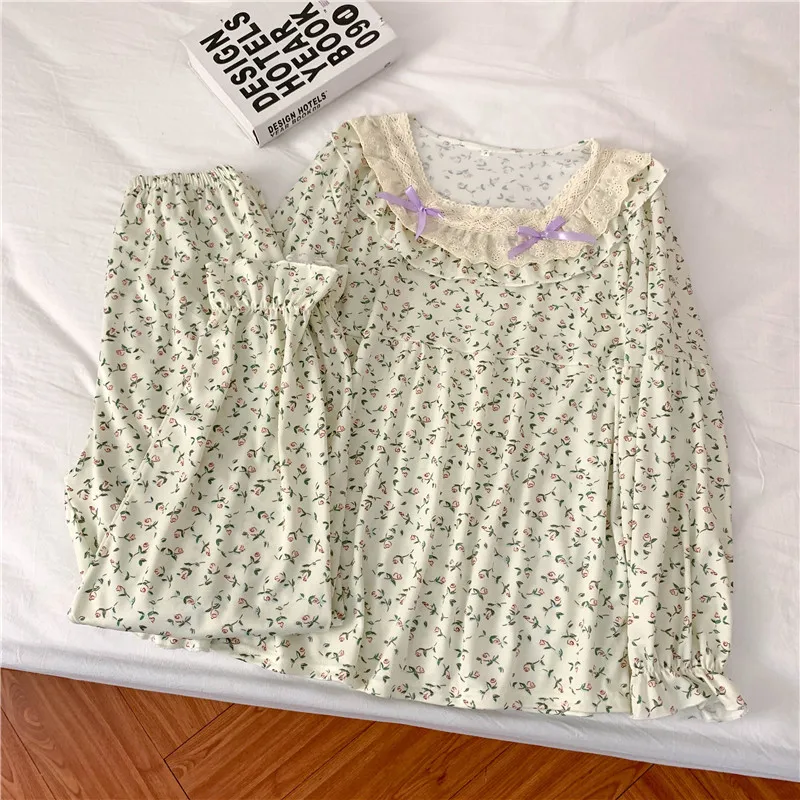 CAIYIER New 2022 Autumn Winter Women Pajamas Set Korean Grid Girls Nightwear Long Sleeve Pants Sleepwear Soft Kawaii Home Suit