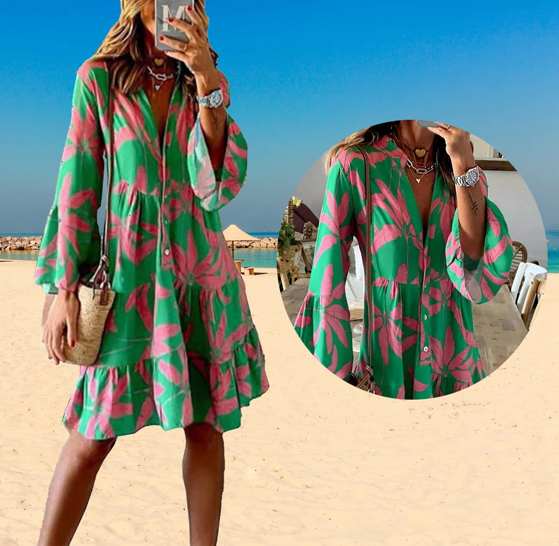 

Summer Elegant Flare Sleeve Dresses Women's Casual Floral Printed V-Neck Mini Dress Ladies Loose Boho Beach Dresses Vestidos