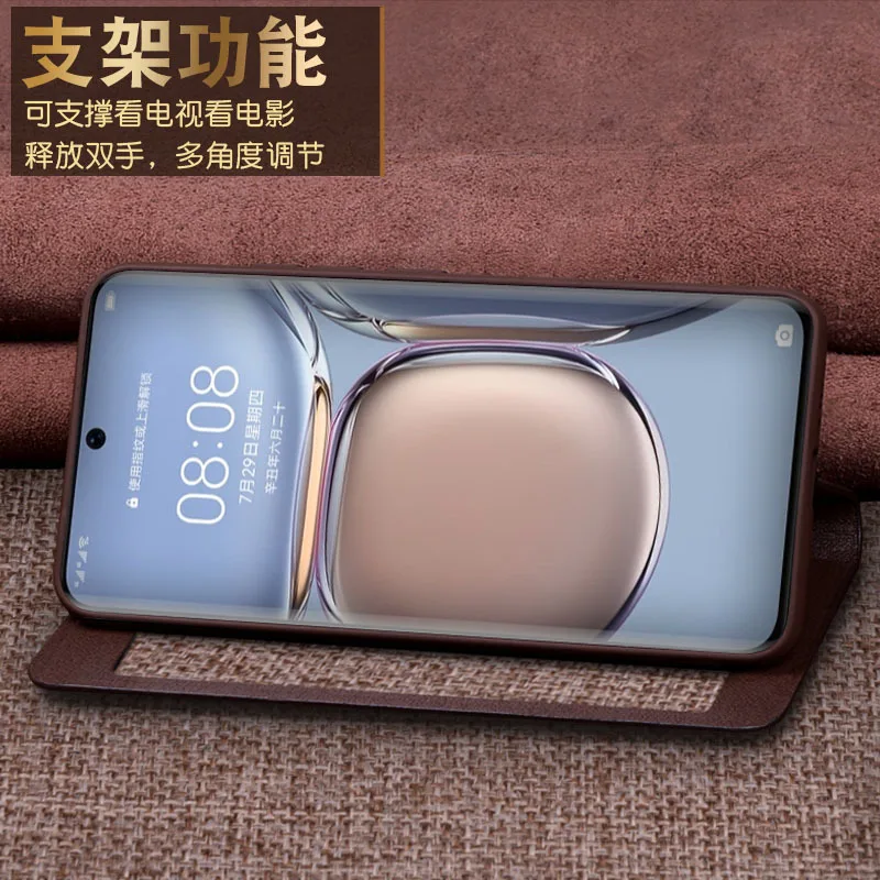 Hot New Luxury Genuine Cow Leather Magnetic Window Flip Cover Mobile Phone Book Case For Huawei P50 Pro Plus + Phone Cases Funda