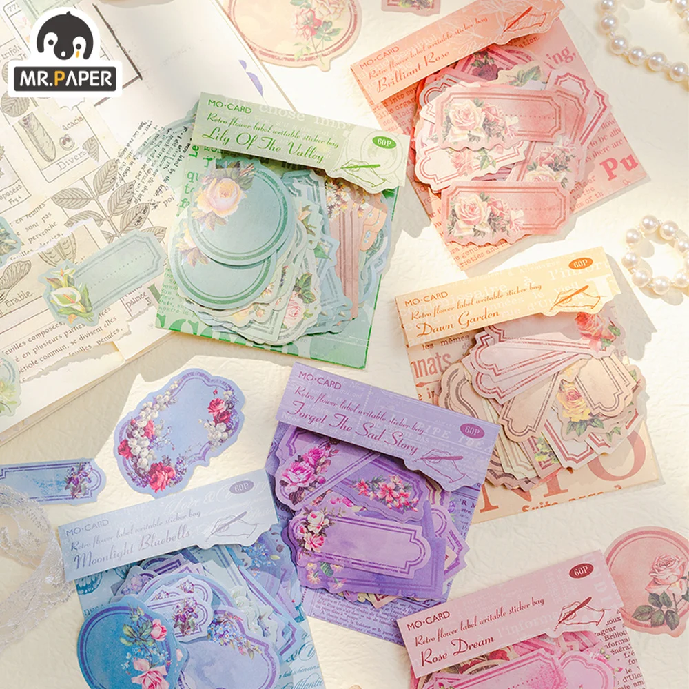

Mr.paper 6 Styles 60pcs/bag Aesthetic Flower Label Stickers Fresh Literature Writeable Hand Account Material Decorative Stickers