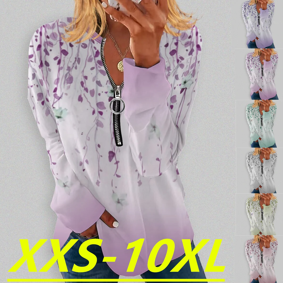 

Autumn/Winter 2022 Fashion Women's Printed Zipper Round Neck Long Sleeve Casual Plus Size Top XXS-10XL