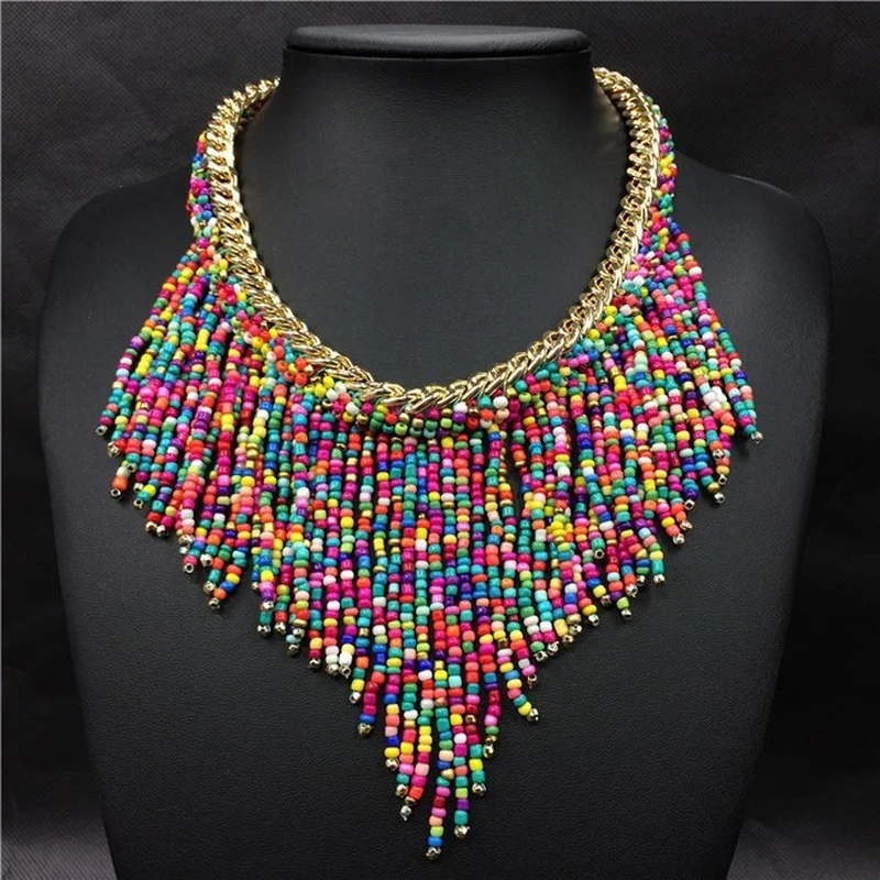 

Ethnic Style Exaggerated Necklace Female Rice Beads Long Color Collarbone Chain Version Sweater Chain Clothing Accessories