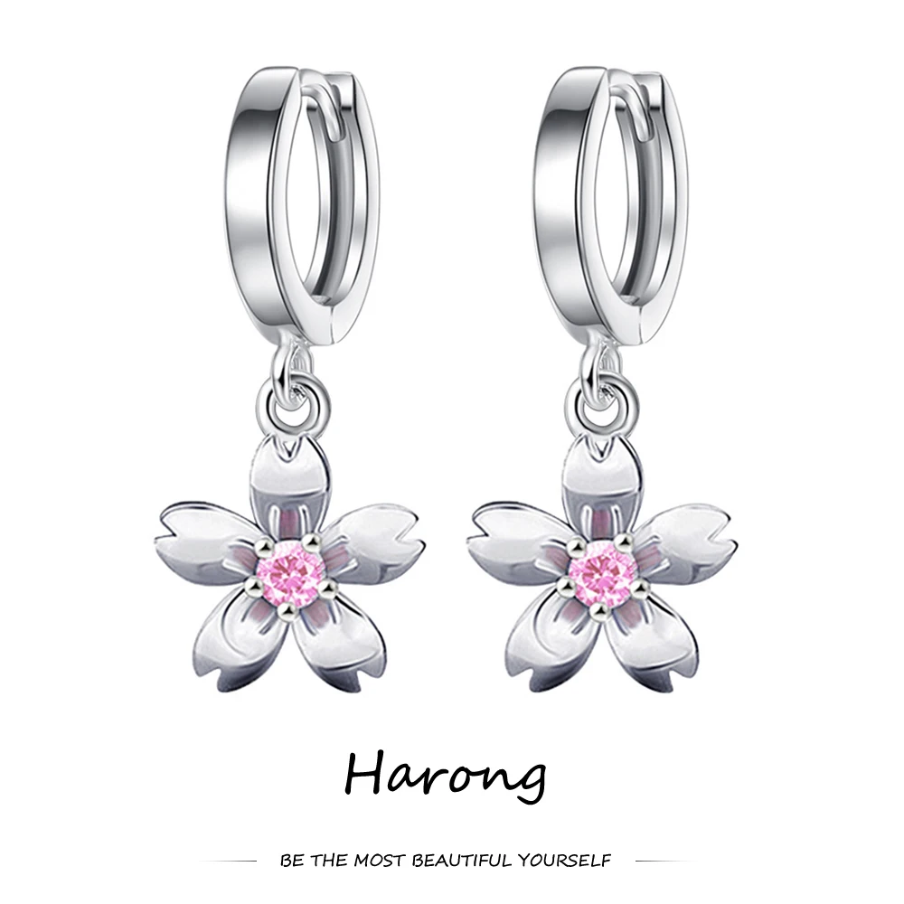 

Harong Cherry Blossom Drop Earrings Silver Color Hoop Buckle Inlaid Crystal Flower Pendant Dangle Earrings Jewelry for Women