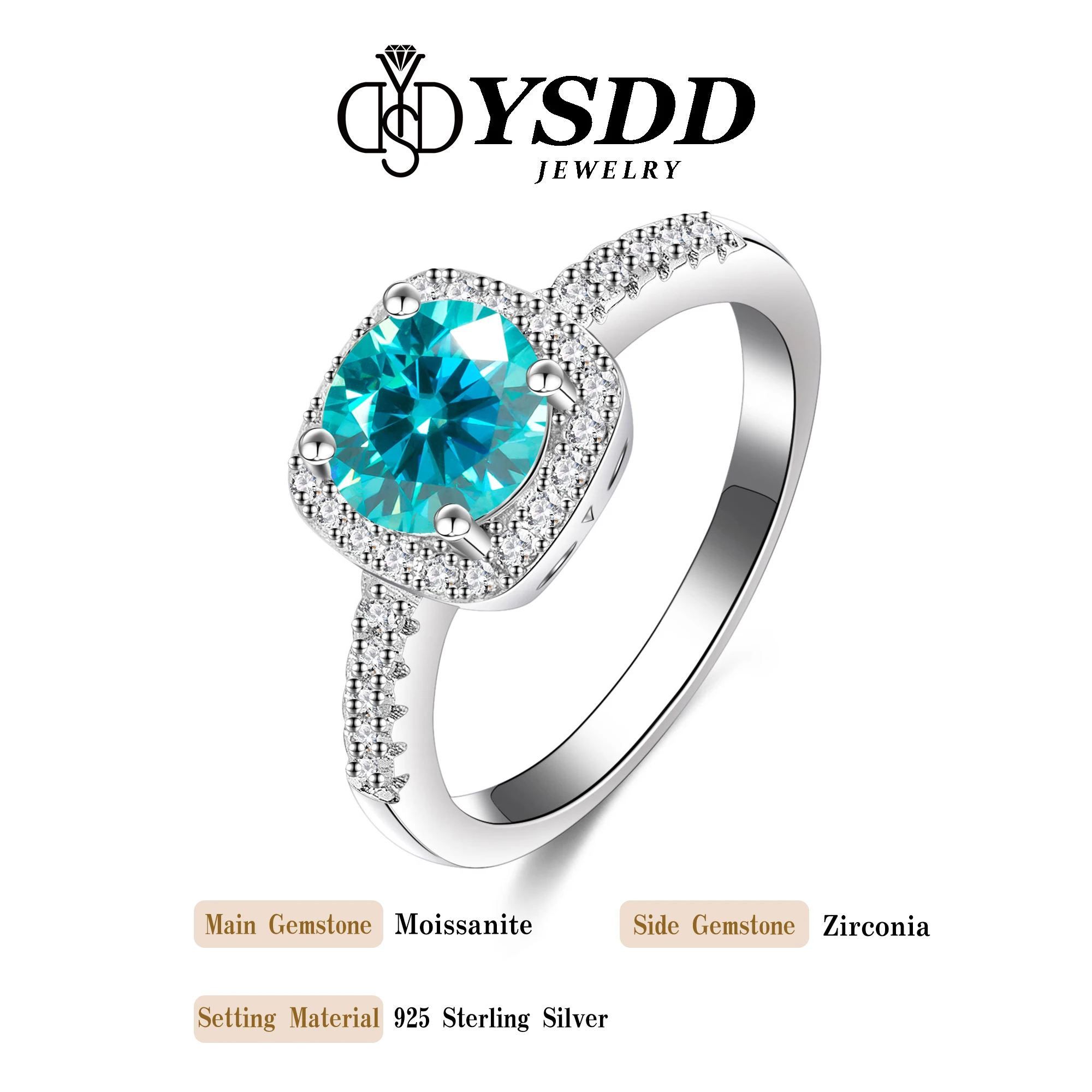 # Кольцо с муассанитом 98 YSDD 1 карат синяя принцесса Параиба квадратная упаковка