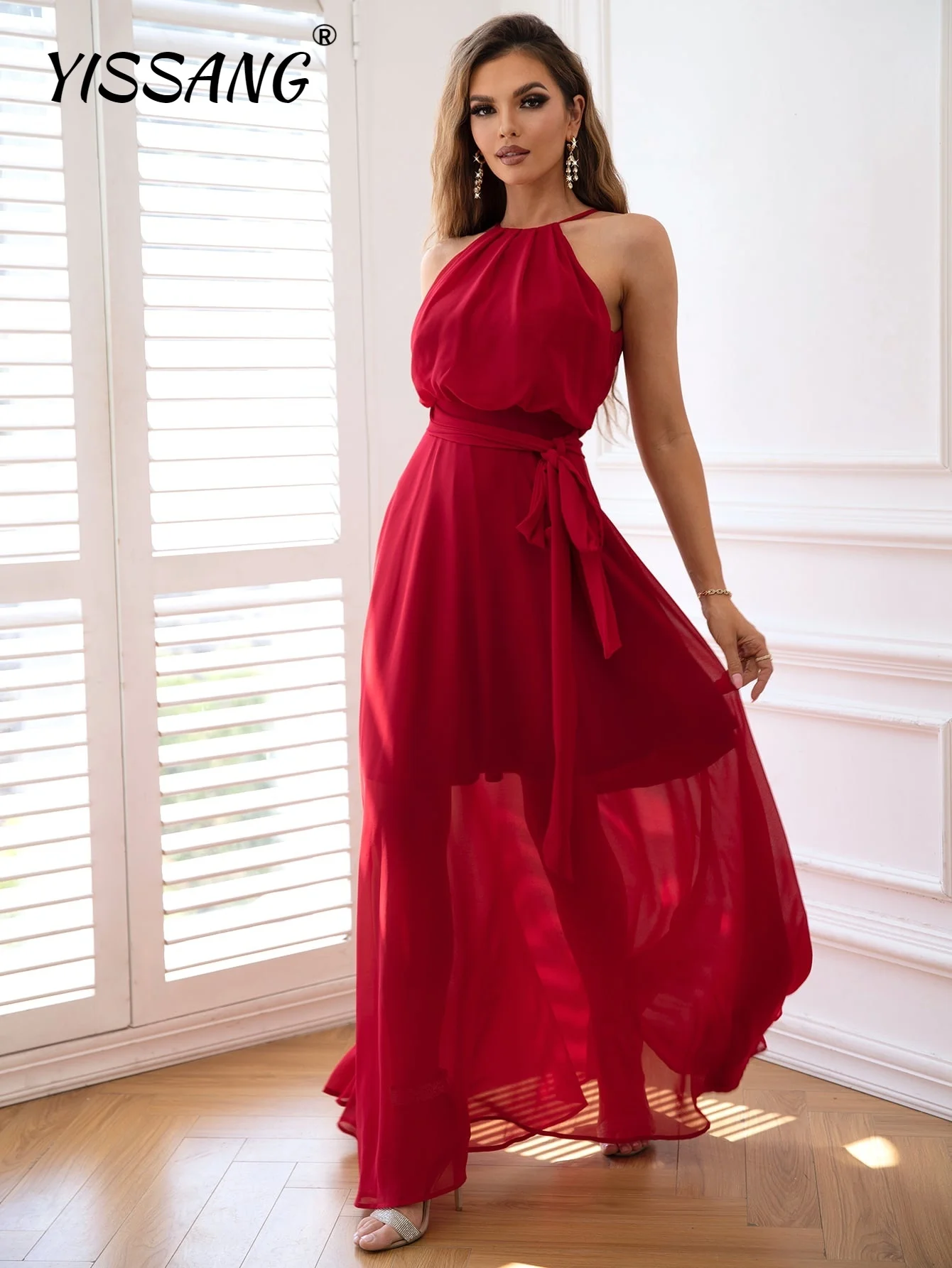 

Yissang Halter Neck Cut Out Back Belted Dress