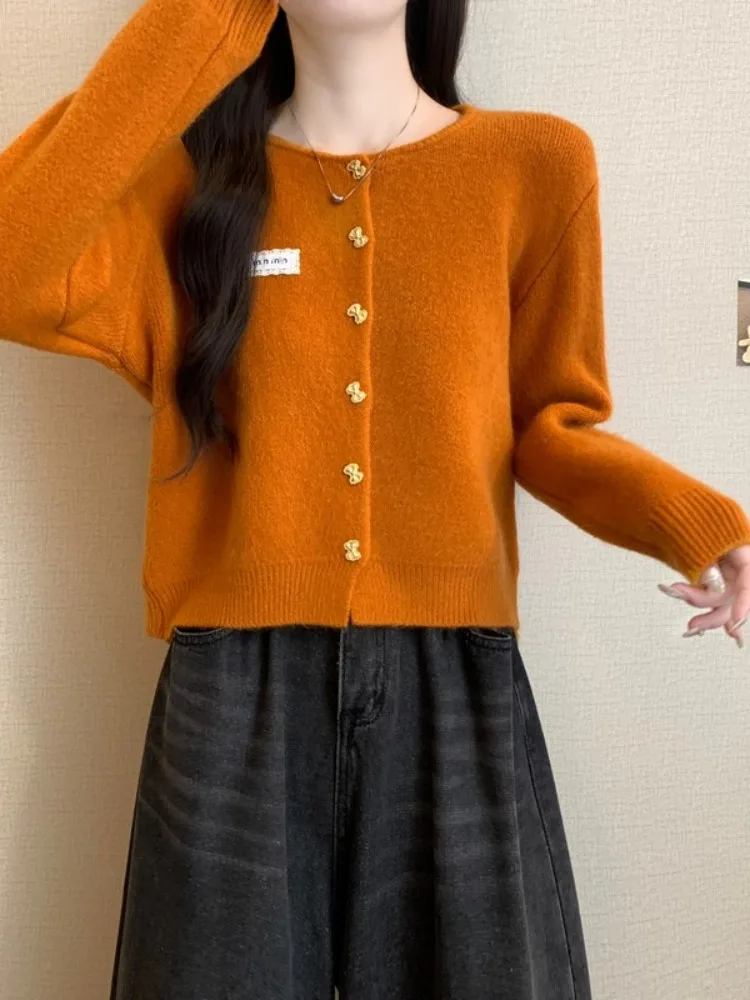 Изящный нежный вязаный кардиган с круглым вырезом и милым бантом пряжкой женский