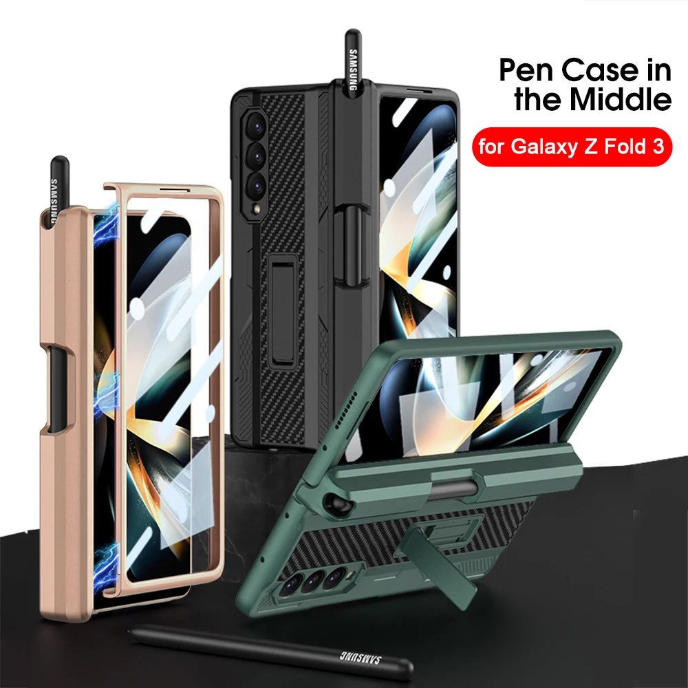 

For Samsung Galaxy Z Fold 3 Case Magnetic Hinge Pen Slot Protective Cover Screen Glass Film Bracket Case for Galaxy Z Fold3 5G