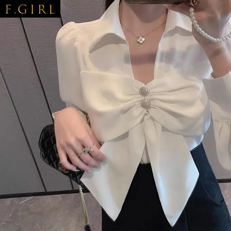 

Блузка женская с длинным рукавом, Элегантная универсальная с бантом, модная шикарная ретро одежда в Корейском стиле, весна