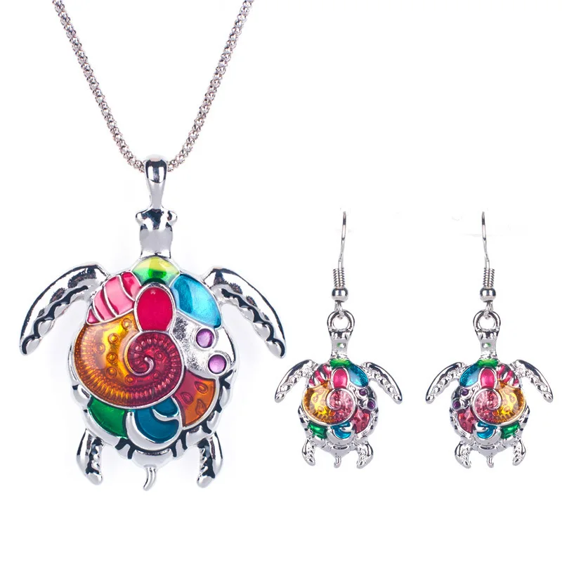 

Sea Turtle Colorful Shape Enamel Style Necklace Silver Rose Gold Plated Turtle Necklace Earring Jewelry Set for Women Girls