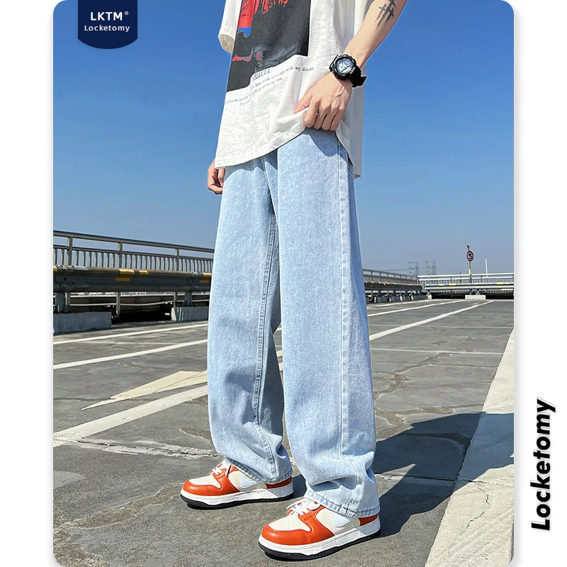 

Джинсы мужские в стиле хип-хоп, однотонные свободные прямые брюки с широкими штанинами, стирка, для пар, лето
